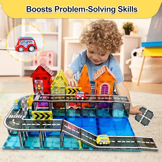 82pcs Magnetic Tiles Road, Magnetic Building Blocks Construction Toys for 3+Year Old Boys Girls, Kids Montessori Toys for Toddler, STEM Learning Gifts