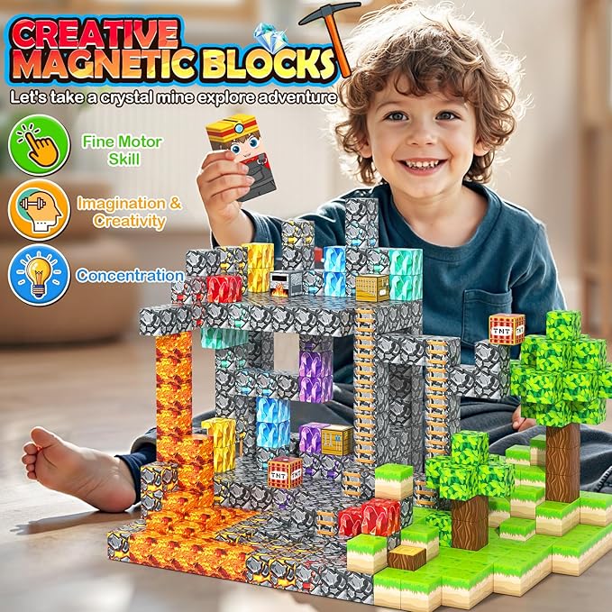 100PCS Magnetic Blocks Building Toys, Gem Cave Adventure Building Craft, Learning Sensory Toys for Boys Girls Age 3-12, Game Gift for Kids Little Gamers
