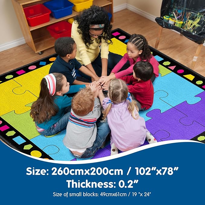 Booooom Jackson Classroom Rug 16 Seats 6'5"x8'5" Colorful Puzzle Seating Preschool Rug with Non-Slip Backing
