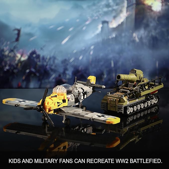 WW2 Military Toys Building Sets Compatible with Lego, Create a BF109 Plane Fighter Jet & a Karl Giant Mortar Tank, Great WWII Army Airplane Toy for Boys and Kids Age 8-12
