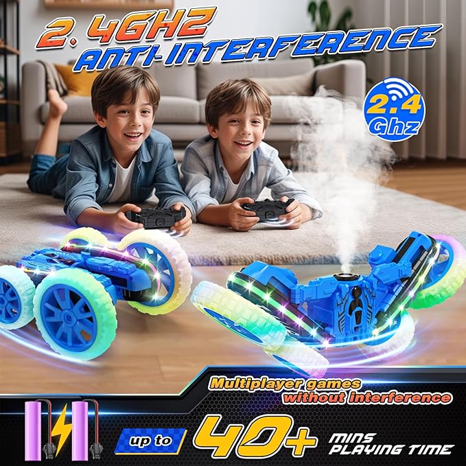 Remote Control Car,RC Cars with Sides Light and Headlights,360°Rotating 4WD Spray RC Stunt Car,2.4Ghz All Terrain Toy Car for Boys Age 4-7 Kids Toy for 8-12 Boys Girls Birthday Gift(Blue)