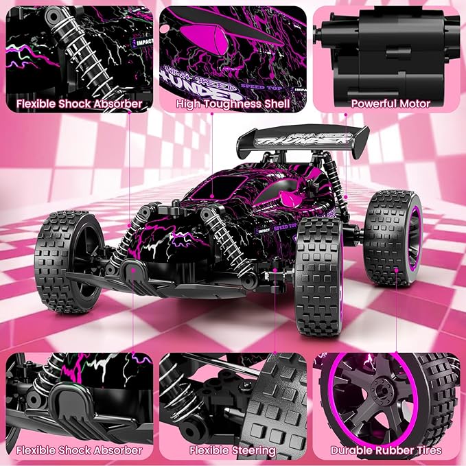Tecnock RC Cars for Girls and Boys, 1:18 Scale Remote Control Car with USB-C Easy Charging, Rechargeable Battery for 50-Min Play, 2WD RC Racing Car with LED Lights, Toys Gifts for Kids
