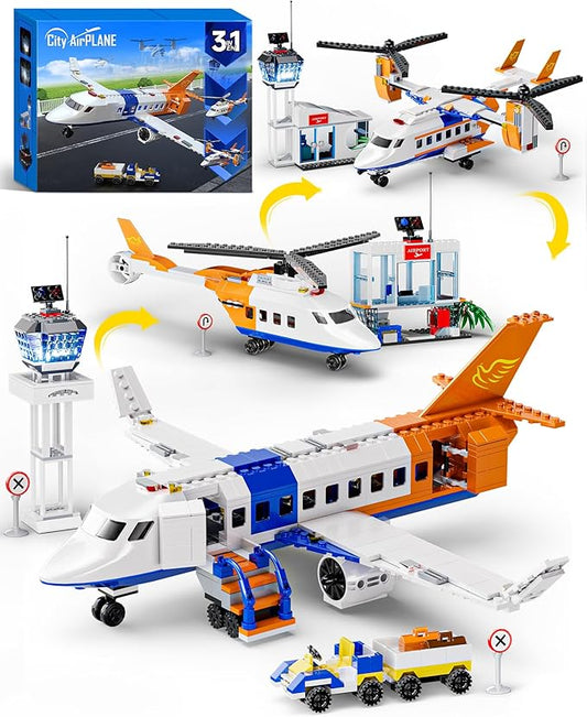 3 in 1 City Passenger Airplane Building Set 628 PCS, Osprey V-22 or Holicopter Building Kits, Terminal and Signs Airplane Playset Gifts for Kids, Aviation Lover,Home & Office Decoration