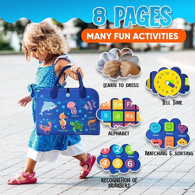 Busy Board Montessori Toy for 1 2 3 4 Year Old Toddler Boys & Girls - Sensory Board with Preschool Educational Activities for Learning Fine Motor Skills - Travel Toys for Airplane and Car