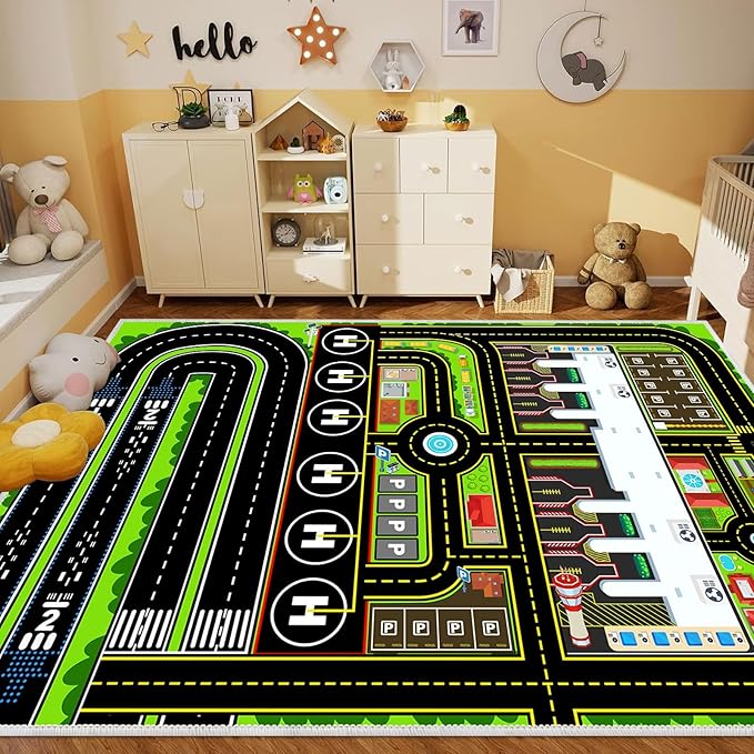 Kids Car Rug Carpet Playmat for Play Toy Cars, Airplane Road Airport Parking Track Rugs Carpet for Playroom Nursery Classroom Kids Room, Car Rug Play Floor Mat Great Gift for Boy Girl 4x6ft