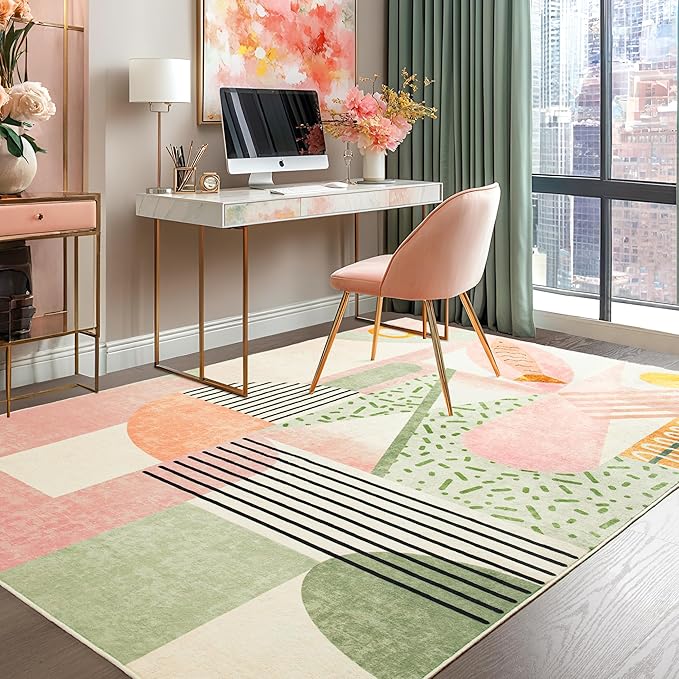Tepook Pink Area Rug for Living Room, 5x7 Indoor Carpet for Bedroom Washable, Non-Slip Abstract Print Kids Rug for Nursery Playroom Classroom Dorm Office Dining Room