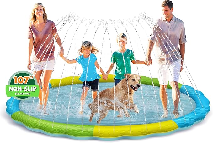 Splash Pad for Kids and Dogs, 107" Extra Large Splash Pad for Kids, Non Slip Thicken Sprinkler Dog Pool Summer Outdoor Water Toys for Backyard