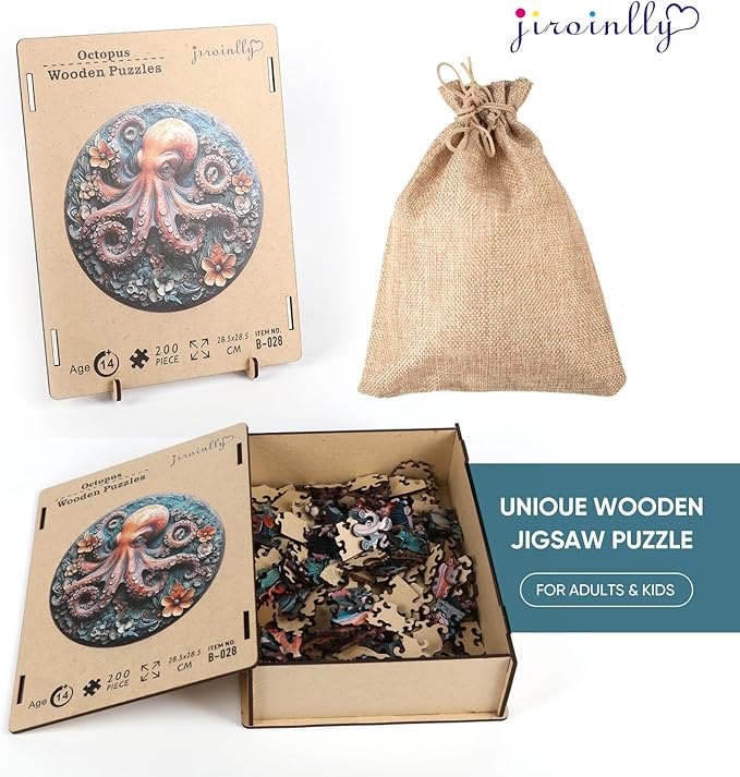 Wooden Puzzles for Adults, 3D Octopus Wooden Jigsaw Puzzles 200 Pieces, Medium, 11.2 in Unique Shape Ocean Wooden Puzzle, Irregular Puzzle Creative for Adults and Kids Family Games