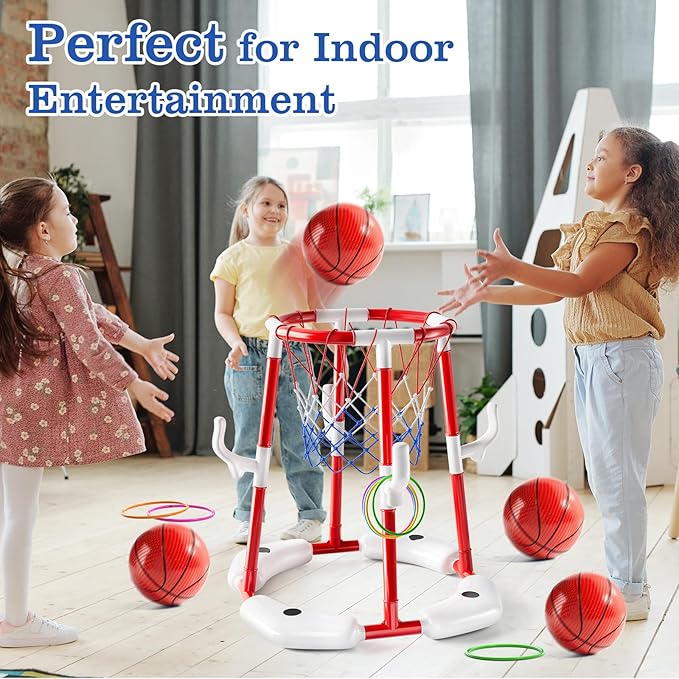 Pool Basketball Hoop Toys,2-in-1 Floating Basketball Pool Games with 4 Balls/12 Rings/Pump,Swimmming Pool Games for Kids Ages 4-8 8-12 Adult, Outdoor Water Play Toys for Summer Family Party(Red)