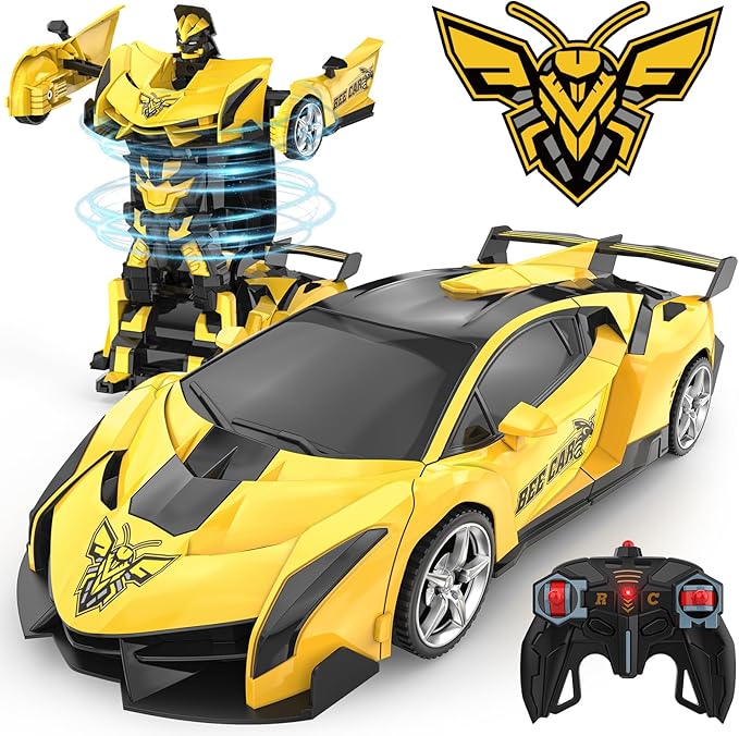 BLUEJAY Transform Rc Cars for Boys 4-7 8-12, 2.4Ghz Remote Control Car 1:18 Scale Transforming Robot, One-Button Deformation 360° Rotation Car Toy Gifts for Boys 3-5 (Bee)