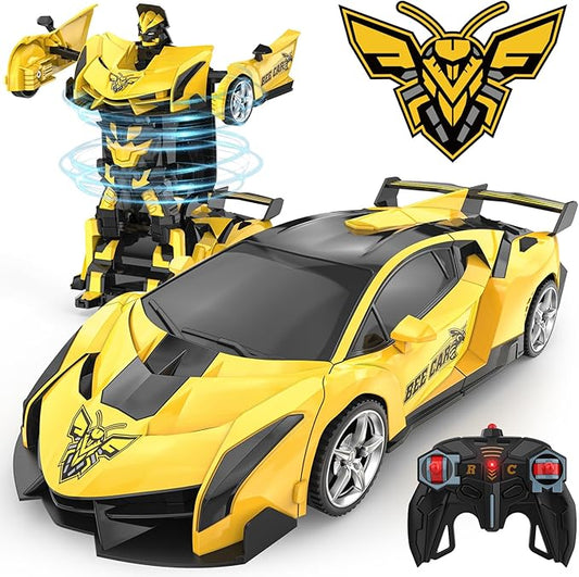 BLUEJAY Transform Rc Cars for Boys 4-7 8-12, 2.4Ghz Remote Control Car 1:18 Scale Transforming Robot, One-Button Deformation 360° Rotation Car Toy Gifts for Boys 3-5 (Bee)