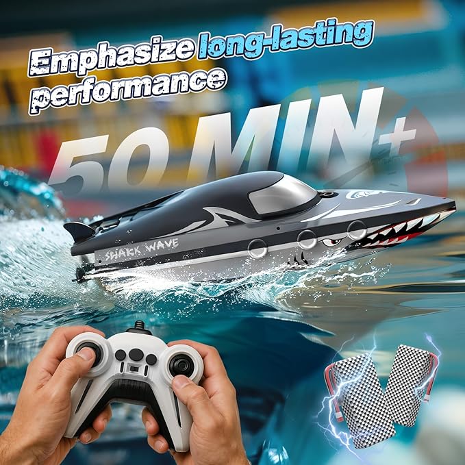 Shark RC Boat for Kids & Adults,2.4GHz High Speed Remote Control Racing Boat W/ Dual Battery 50 Min Runtime,Waterproof,Fast Remote Control Toy Gift Kids 8-12, Ideal for Pools & Lakes,Realistic Grey