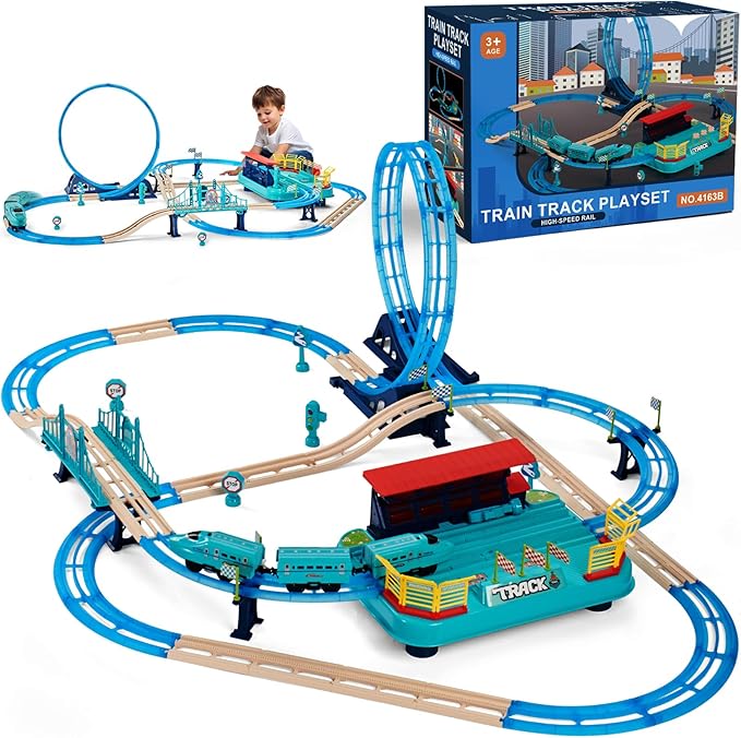 Electric Train Sets, Christmas Trains Toys Rail Head, Passenger Carriages, Tracks, Light & Sounds Rechargeable 360° Transformed DIY Train Track Set Birthday Gifts for Boys Girls