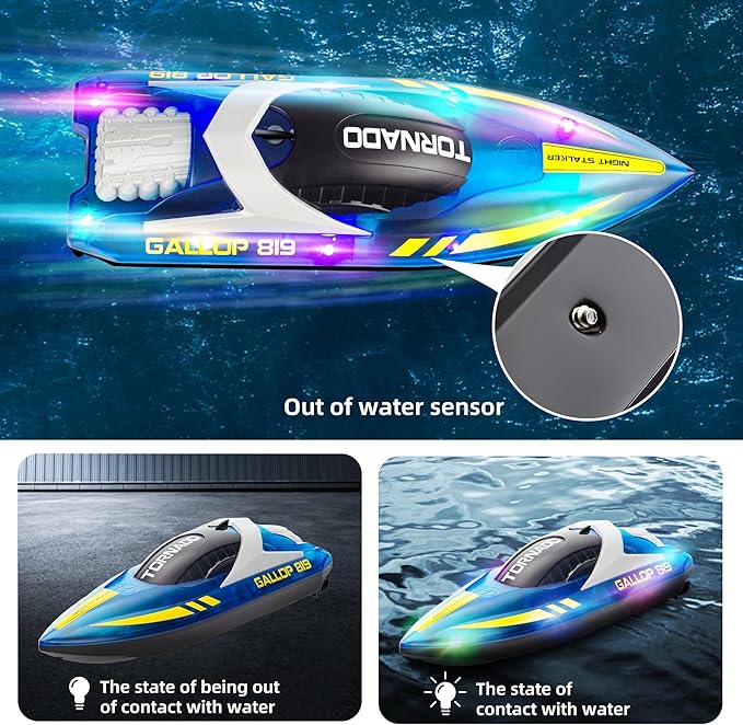 Remote Control Boats for 8-12, 15+ MPH Fast RC Boat with LED Lights, 2.4G RC Electric Speed Boats Pool and Lakes Toys for Kids
