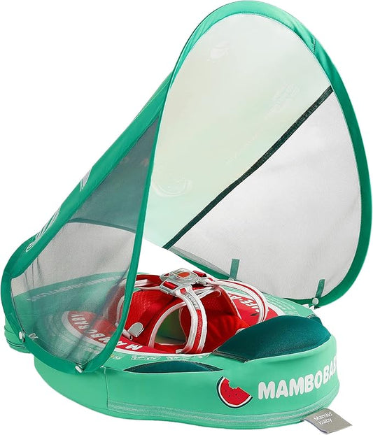 Mambobaby Float Add Tail Baby Swim Float with Canopy Solid Pool Infant Swim Trainer Swimming Training Lying Air Free Water Floats Non-Inflatable Waist Swim Ring for Toddlers (Watermelon)