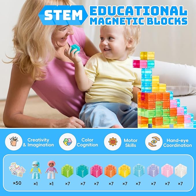 Magnetic Blocks Set, Magnet Building Blocks with Toy Figurine and Storage Bag for Kids Gifts, STEM Educational Preschool Sensory Toys for Toddlers Boys Girls Ages 3-12(Transparent)