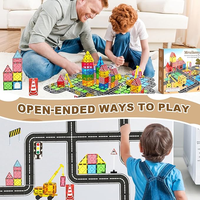 Magnetic Tiles Road Set, Magnetic Blocks Building Toys for 3+ Year Old Boys Girls, Magnet Construction Toys Preschool Educational Kids Magnet Tiles for Toddlers 3-5 4-8 (Magnetic Tiles City Set)