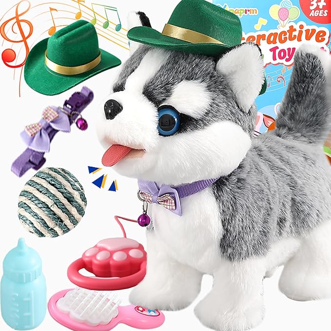 Walking Husky Barking Dog Toy for Child Kid Licking Talking Dog with Leash, Interactive Puppy that Barks Tail Wagging Plush Robot Dog Singing Electric Pet Pretend Dog Dress Up Christmas Boy Girl Gift