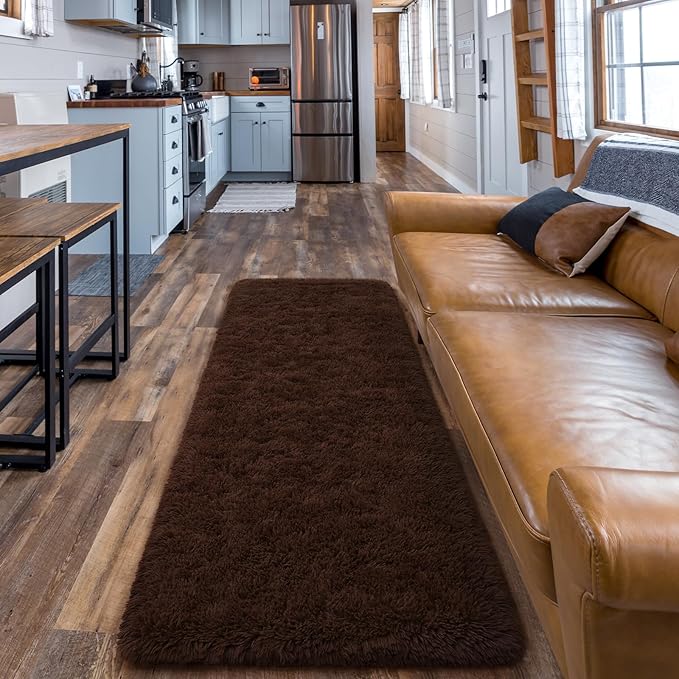 Amearea Shag Fluffy Runner Rug for Bedroom Girls Living Room, 2x6 Feet Extra Soft and Fuzzy Shaggy Rugs, Non Slip, Indoor Floor Long Carpet Mat for Boys Nursery Home Decor, Brown
