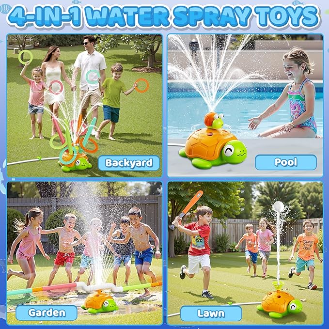 4-in-1 Turtle Water Sprinkler Toys for Kids - Summer Oudoor Toy with Baseball Ringtoss Tubes - Outside Yard Lawn Backyard Park Garden Pool Games for Age 3 4 5 6 7 8 Year Old Toddlers Boys Girls Gifts