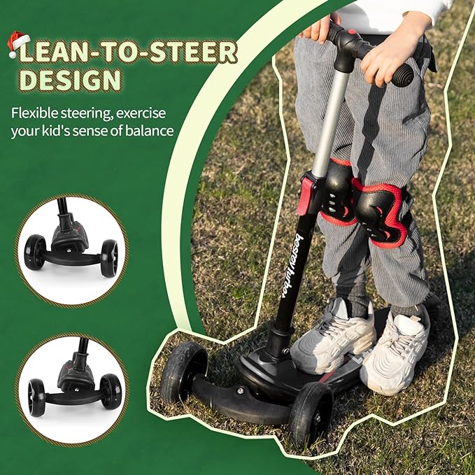 Besrey Kick Scooter for Kids Ages 3-10, 3-Wheel Folding Scooter with Adjustable Height, LED Light Wheels, Extra Wide Deck for Outdoor Activities