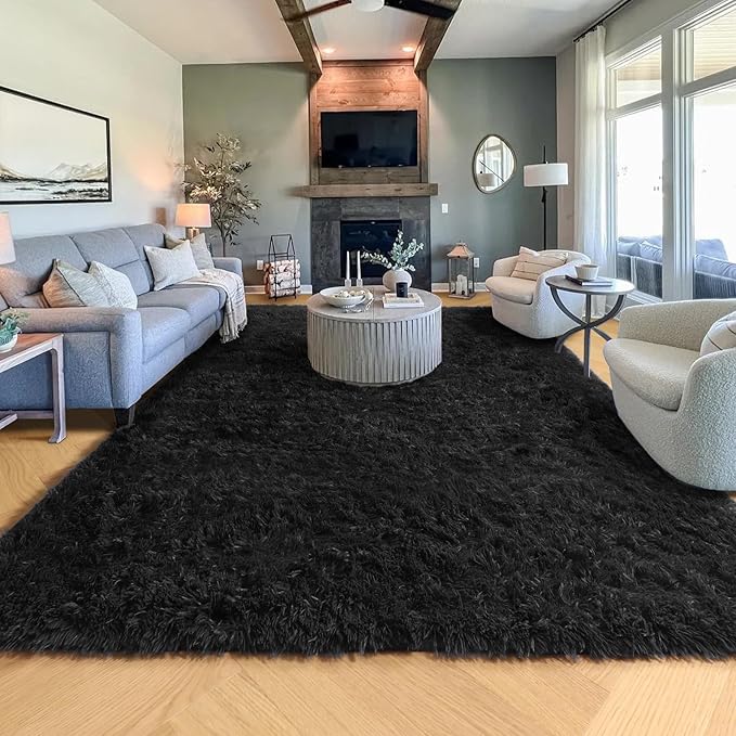 PAGISOFE 4x6 Fluffy Bedroom Rugs Black Modern Living Room Area Rug Fuzzy Shaggy Carpet Indoor Plush Nursery Rugs for Kids Room Furry Floor Rug for Boys Carpet for Teen Dorm Room Decor