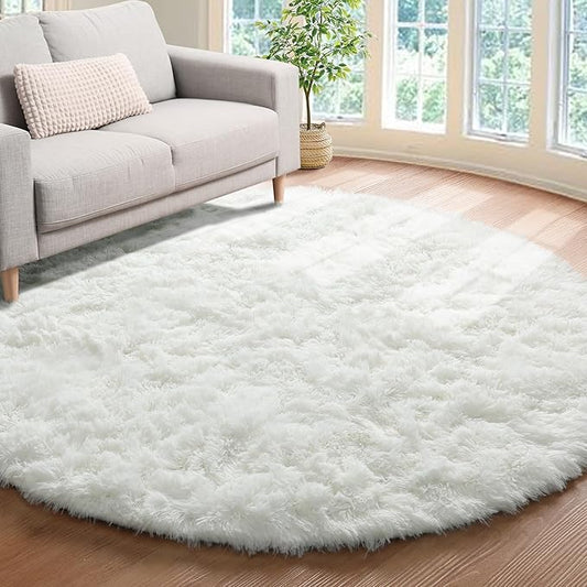 ONASAR Cream White Round Area Rug 4ft, Fluffy Ultra Soft Bedroom Circle Rugs Floor Mat for Kids Girls Boys Teen Room, Fuzzy Plush Shaggy Carpet for Nursery Living Room Playroom Dorm Home Decor