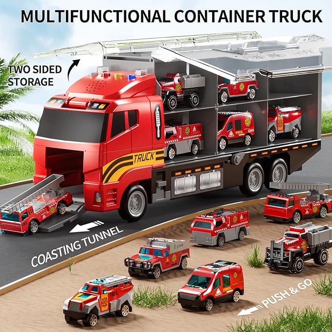 Toddler Boys Toys for 3-5 Years Old, Fire Truck Vehicle Toy Set with Play Mat, Die-Cast Toy Car Carrier Truck for Boys Kids, Birthday Gifts Toys for 3-8+ Year Old Boys