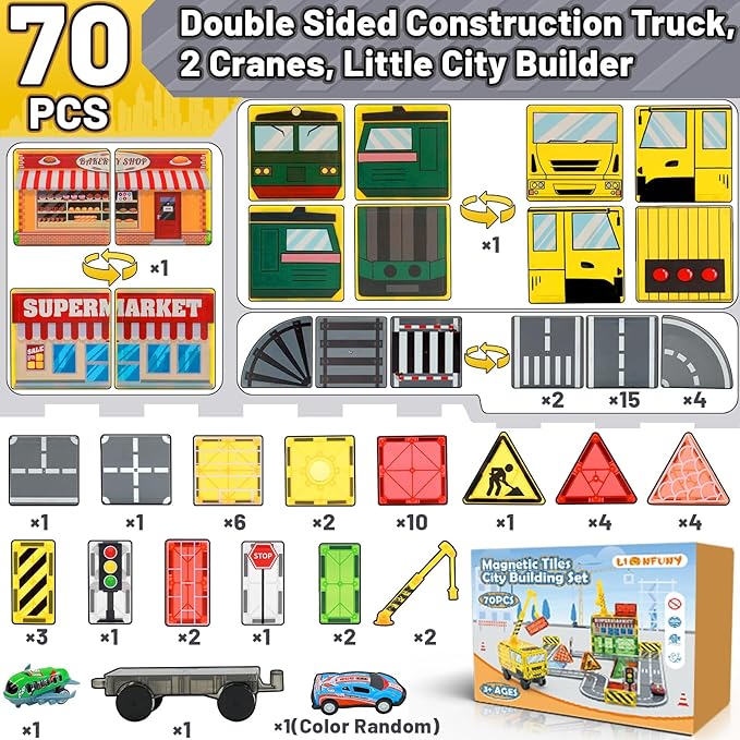 70Pcs Magnetic Tiles Magnetic Building Blocks, Building Toys for Kids Ages 3-5 4-8 8-12 Toddlers STEM Preschool Toy Boys Toys, City Construction Toys Set with 2 Cranes Train Tracks Road Car