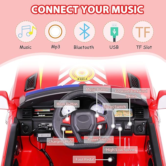 Fire Truck Ride on Toys TOBBI 12V Fire Engine Giant Firetrucks Firefighter Fireman Ride On Car with Remote Control, Siren-Call, Walkie-Talkies, Bluetooth for Toddlers, Red