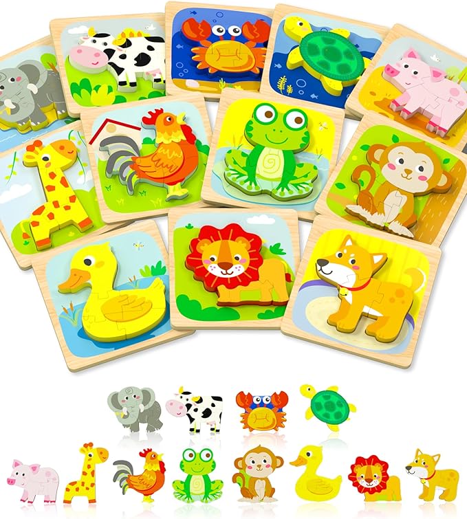 Wooden Puzzles Toddler Toys for 1 2 3 Year Old Boy Girl, 12 Packs Animal Toddler Puzzles Preschool Educational Learning Montessori Toys Age 1-3, 2-4 Christmas Birthday Gifts