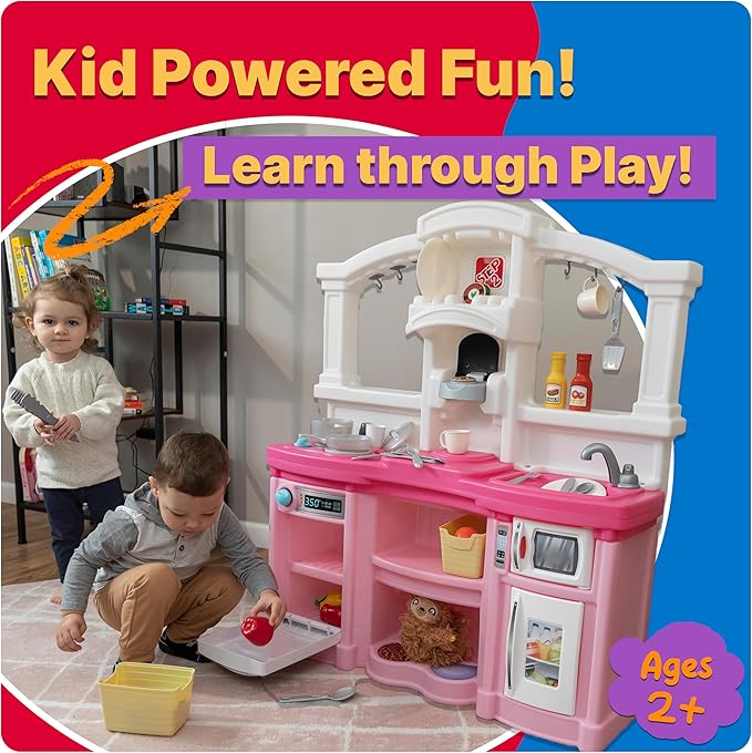 Step2 Fun with Friends Kids Kitchen Playset, Indoor/Outdoor Kitchenette, Interactive Play with Lights and Sounds, Durable Plastic, Includes 25 Piece Toy Accessories, Toddlers 2+ Years Old, Tan