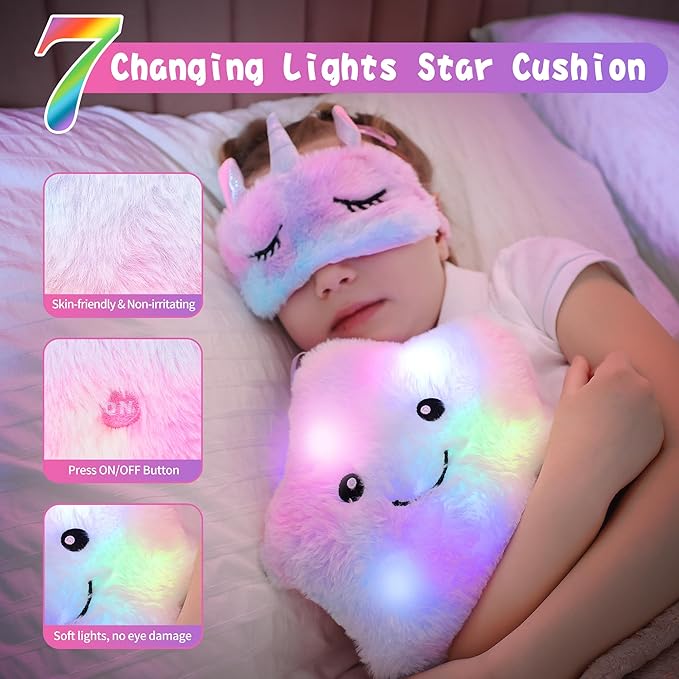 Unicorn Gifts for Girls Age 4 5 6 7 8 9 10, Girls Unicorn Birthday Gifts Set with Light Up Star Pillow Diary Plush DIY Water Bottle Kits Toys