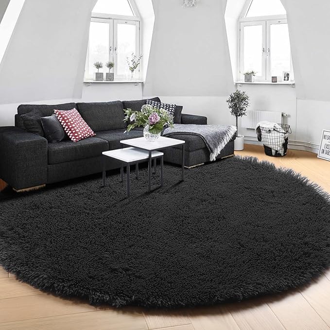 Black Round Rug 7Ft for Bedroom Aesthetic, Fluffy Plush Circle Area Rugs for Living Room, Large Big Fuzzy Modern Cool Carpet for Baby Kids Teen Boys Mens, Office Playroom Nursery Apartment Home Decor