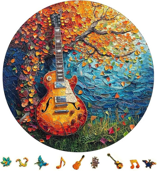 Wooden Puzzle for Adults, Autumn Jigsaw Puzzle, Guitar Wooden Jigsaw Puzzles, Thanksgiving Garden Puzzle, Beautiful Wooden Puzzle with Box Birthday Gifts for Adults and Kids(11.2 * 11.2in-200pcs)