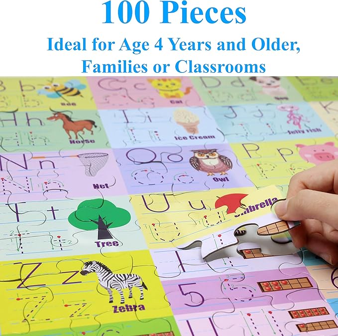 Think2Master Colorful Alphabet & Numbers 100 pieces Jigsaw Puzzle fun educational toy for kids, school & families. Great gift for boys & girls ages 3+ to stimulate learning. Size:23.4” X 16.5”