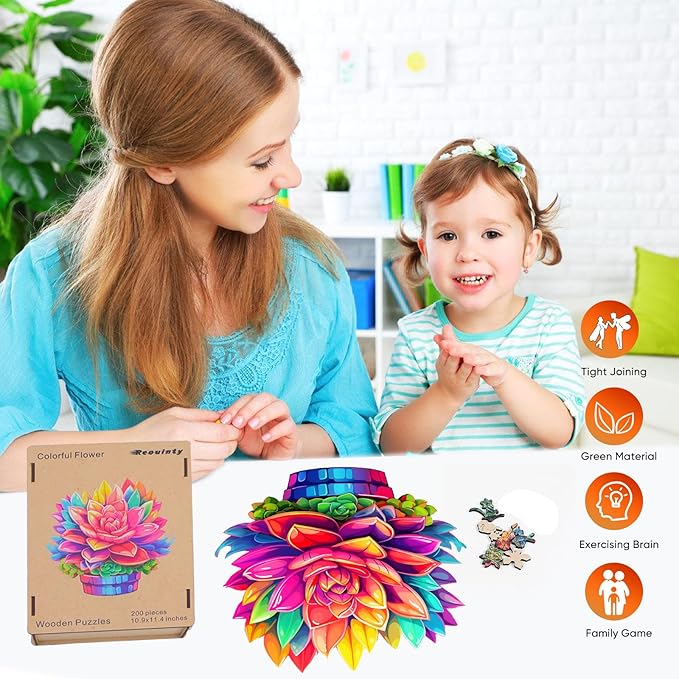 Valentine's Day Wooden Puzzle Colorful Flower Pot 200pcs Medium Size 11.2'' x 11.2'', Luxurious Shaped Wood Puzzle, Beautiful Package, Best Gift for Adults and Kids, Family Game