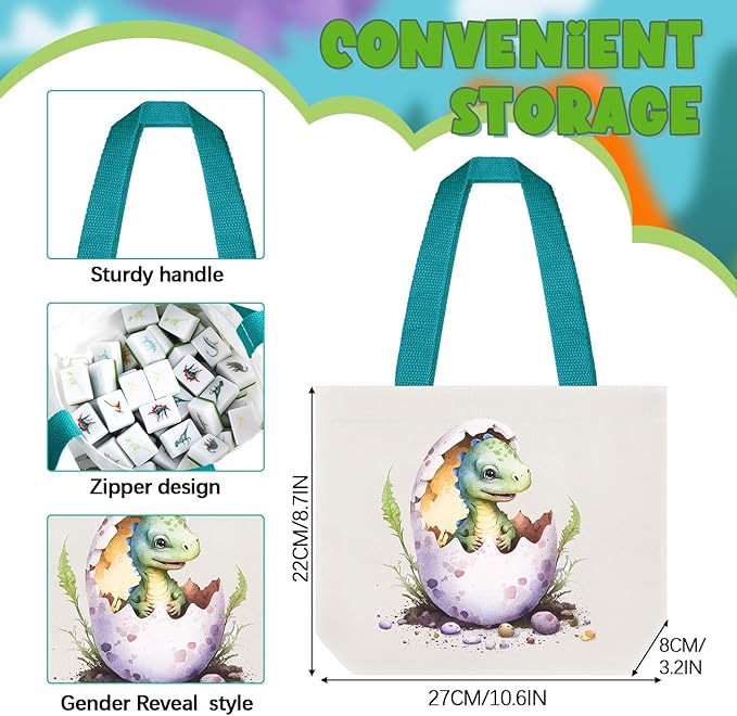 65 Tiles 30 mm Dinosaur Mahjong Game Blocks Set Push Tiles Blocks with Dinosaur Skeleton Pattern and Bag No DIY Required for Family Game Gift