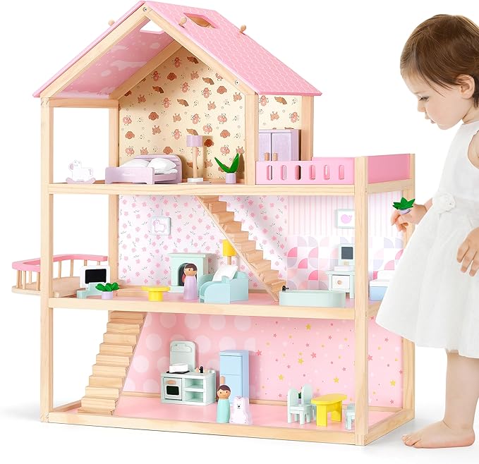 Wooden Dollhouse with 36Pcs Dollhouse Furniture Accessories, 7 Rooms Large Modern Doll House, Ideal Toy Gift for Girls Boys Toddlers Ages 3+