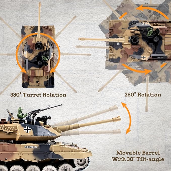 1:18 RC Tank, 2.4Ghz Metal German Leopard II Remote Control Model Toy That Shoots BBS and Water Bombs, RC Military Vehicle for Adults and Kids, Army Toy Tank with Smoke, Sound, Recoil, Lights