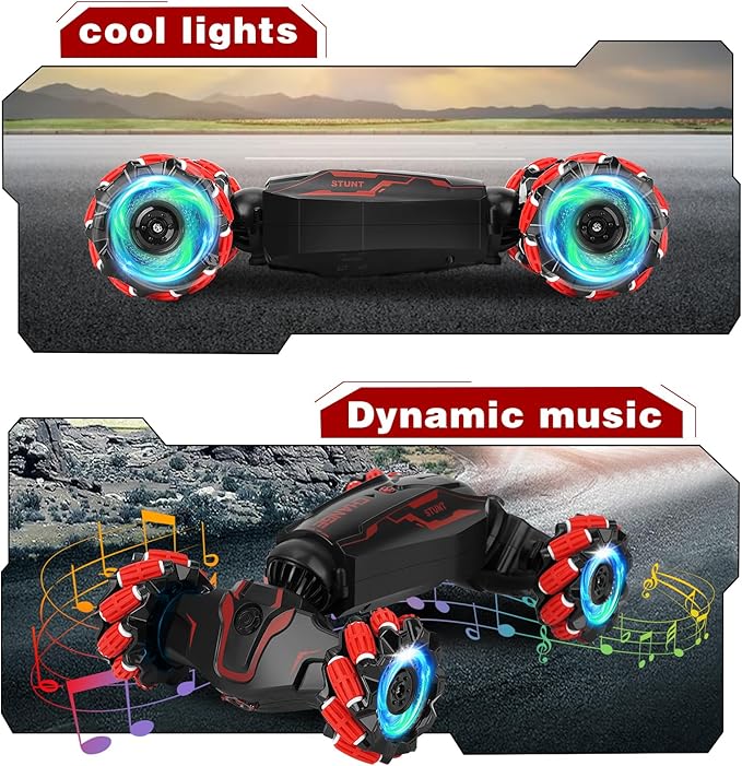 Gesture Sensing RC Stunt Car ，Hand Controlled, LED Lights, Music, 4WD, Double-Sided 360° Flips, Off-Road Twist Vehicle. Best Birthday Gift for Kids Ages 6-13, Boys' Toys.