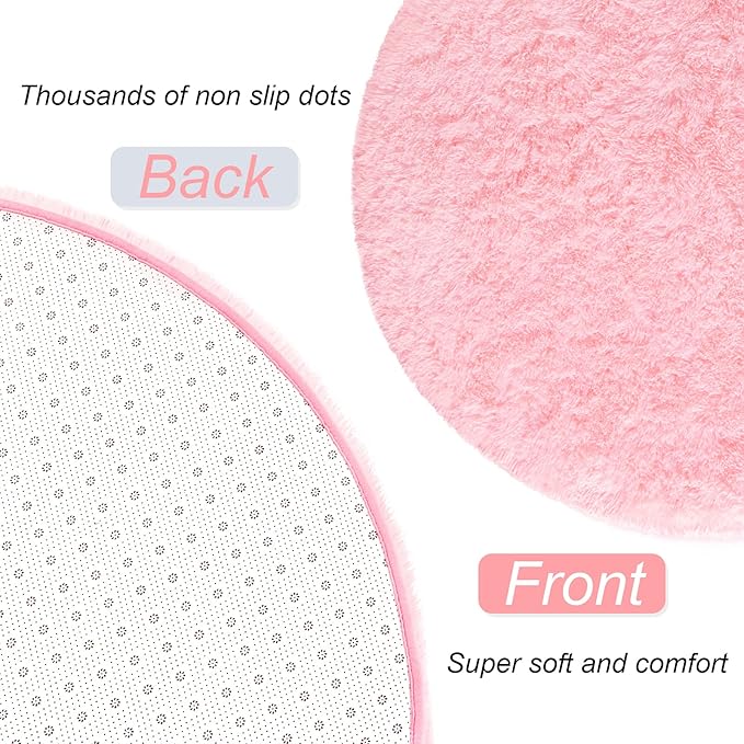 LOCHAS Luxury Round Fluffy Area Rugs for Bedroom Kids Girls Room Nursery, Super Soft Circle Rug, Cute Shaggy Carpet for Children Living Room, 4x4 Feet Pink