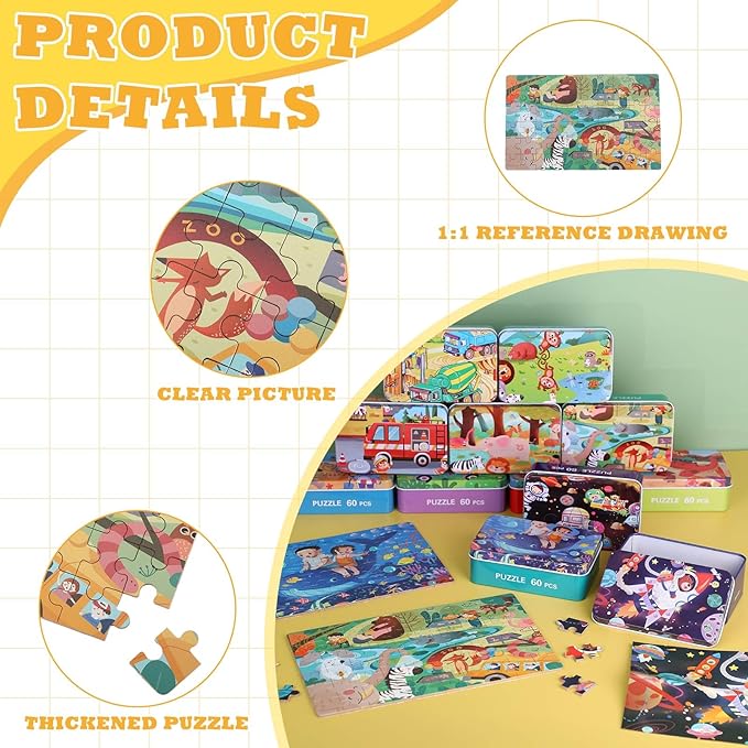 12 Boxes Party Favors Jigsaw Puzzles in a Metal Box for Age of 4-8, Wooden Puzzle for Ages 4-8 Boys and Girls Learning Educational Jigsaw Pieces Toys, 12 Styles(Novel)
