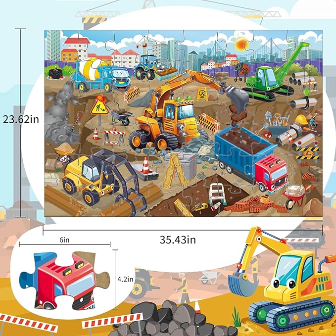 48 Pieces Jumbo Floor Puzzles for Kids ages 3-5, Puzzle for Kid Ages 4-6, Construction Site Jigsaw Large Puzzles, Children Learning Preschool Educational Toys, Great Gift for Kids 4-8 Years Old