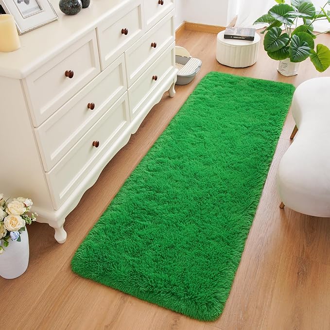 Amearea Shag Fluffy Runner Rug for Bedroom Girls Living Room, 2x6 Feet Extra Soft and Fuzzy Shaggy Rugs, Non Slip, Indoor Floor Long Carpet Mat for Boys Nursery Home Decor, Green