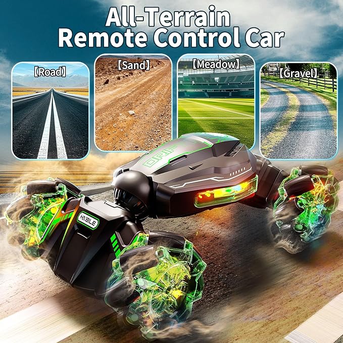 4WD Remote Control Car for Boys,2.4GHz Gesture Sensing Drift RC Cars,360°Flips Off-Road Hand Controlled RC Stunt Car with Lights Music,Toy Car Birthday Gifts for Boys Kids Age 6+ (Green