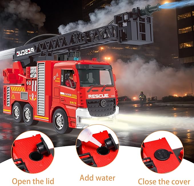 AISYAH RC Fire Engine Truck - Remote Control Fire Truck Toy with 12-Inch Ladder and Lights and Sirens, Best Gift Toy for Boys Girls