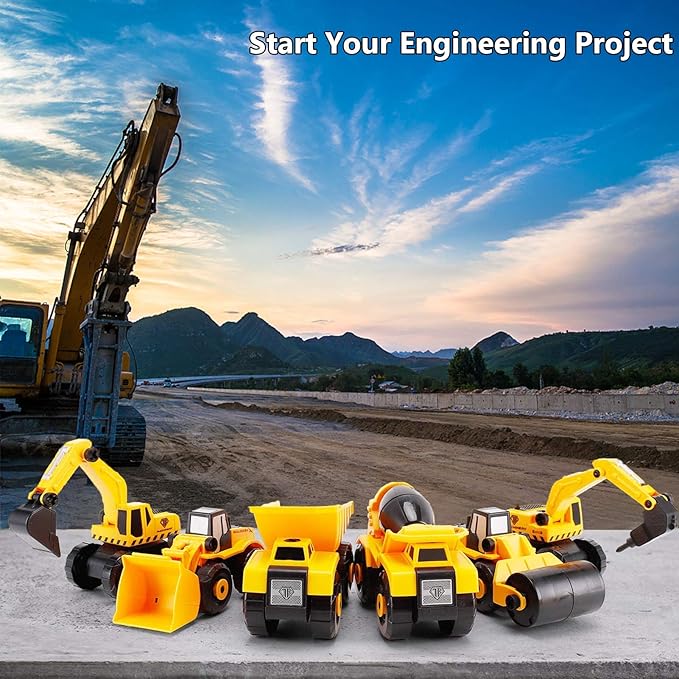 TEUVO Construction Take Apart Toys with Electric Drill, Building Excavator Toy STEM Trucks Vehicle Construction Vehicles for Kids, Educational Learning Gifts for Ages 3+ Boys & Girls