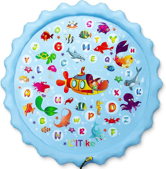Large Splash Pad for Kids - Alphabet and Mermaid Design - Extra Durable and Non-Toxic Kids Splash Pad with Steady Water Flow - Splash Pads for Toddlers 1-3 and Up - 66.9”.