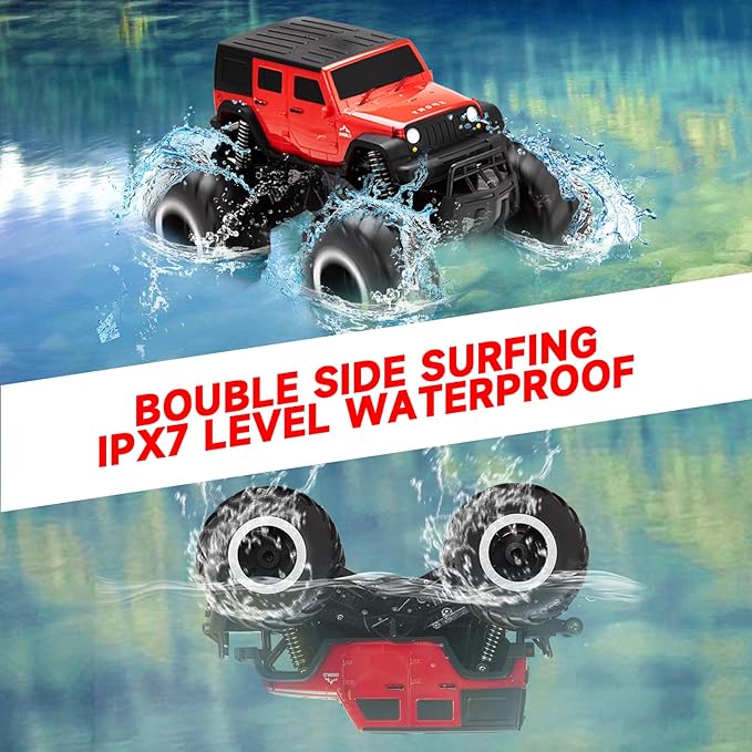 Carox Remote Control Amphibious Car Toys for Boys 360°Spin Off-Road RC Truck for All Terrain - 1:16 IPX7 Waterproof RC Monster Truck Pool Toys Birthday Gifts for Kids